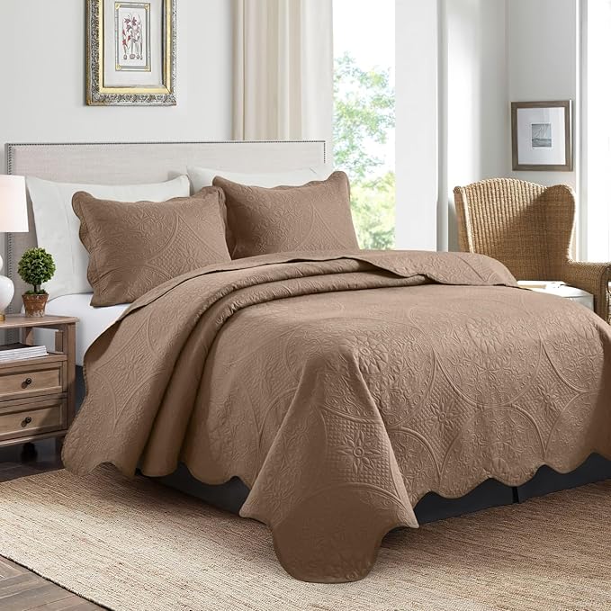 IR Imperial Rooms Twin Quilt Bedding Set Size (68” x 86”) + 1 Pillow Shams (20” x 26” + 2”) - 2 Pcs All Season Lightweight Reversible Microfiber Coverlet Floral Embossed Quilt Bedspread (Beige)