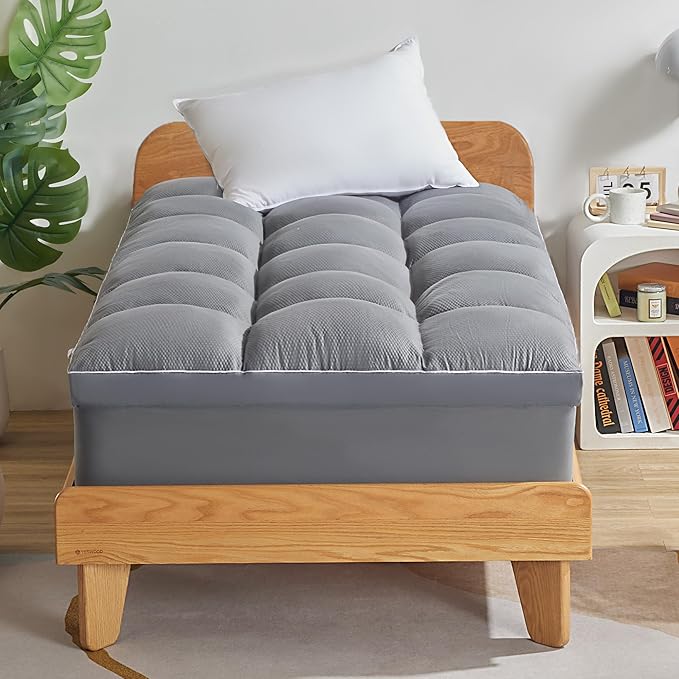 SLEEP ZONE Mattress Topper Twin XL Size, Extra Thick Fitted Mattress Pad for Back Pain, Plush and Support Mattress Cover, Deep Pockets Mattress Protector, Hotel Quality (Grey, Twin XL)