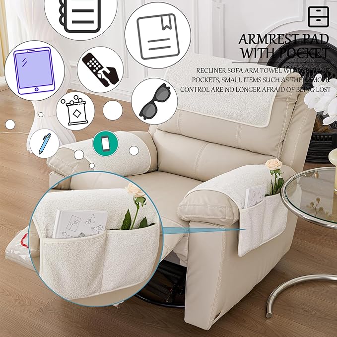 Armrest Cover, Recliner Chair Protector, Furniture Protector Slip, Side Storage Pocket, Stretch Armchair Couch Arm Rest Cover for Recliner, Chair, Sofa (Beige,1 Seater(3pcs))