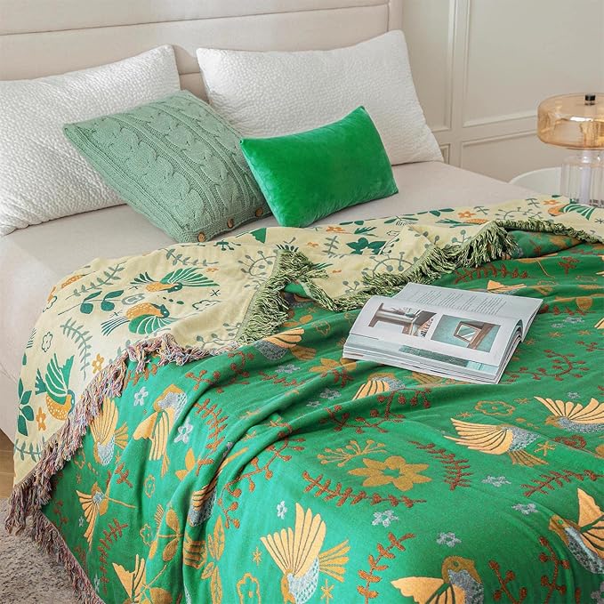 MSGKV Boho Throw Blanket 100% Cotton Green Blanket 90''x 98'' Double Sided Knit Blankets with Tassels Reversible Warm Soft Blanket Throw Blankets for Bed Sofa Living Room