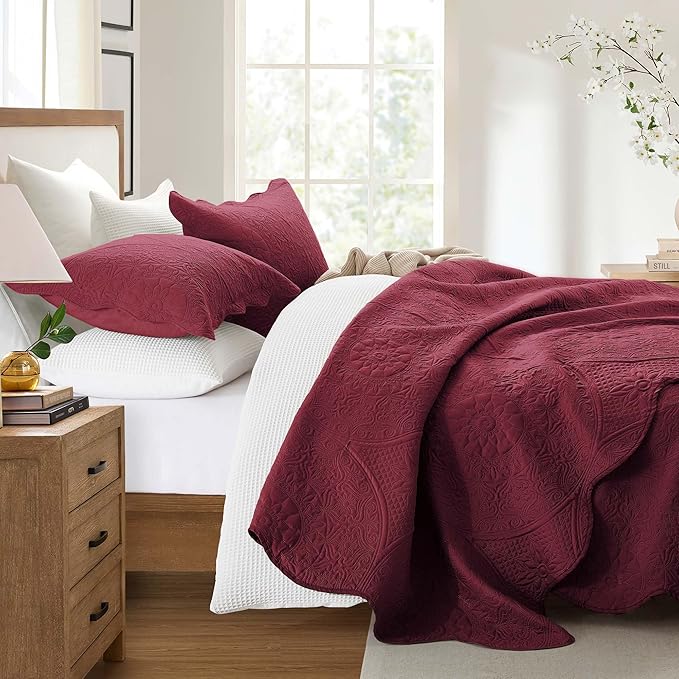 IR Imperial Rooms Twin Quilt Bedding Set Size (68” x 86”) + 1 Pillow Shams (20” x 26” + 2”) - 2 Pcs All Season Lightweight Reversible Microfiber Coverlet Floral Embossed Quilt Bedspread (Burgundy)