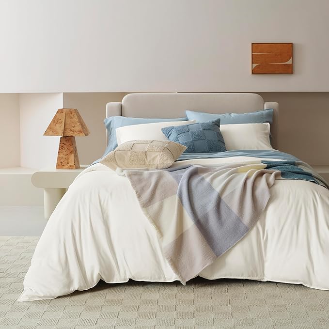 Double Stitch Cotton Tencel Duvet Cover - Queen Size Comforter Cover, Luxury & Soft Eucalyptus Lyocell Bedding Set for Hot Sleepers, Cooling, Smooth & Breathable, Button Closure, Cream, 90"x90"