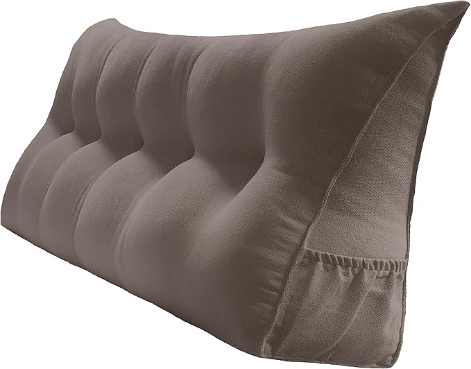 Triangular Reading Bed Rest Pillow Large Bolster Cushion Headboard Backrest Wedge Pillow with Removable Cover and Two Large Side Pockets (Cedar Brown, Queen: 59 x 8 x 20 inches)