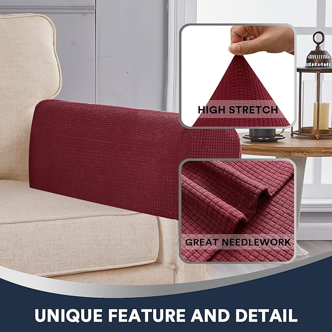 Stretch Sofa Arm Covers Spandex Jacquard Anti-Slip Couch Arm Covers with Sticker Furniture Armrest Protector for Sofa Couch Chair Recliner, 2 Pack, Burgundy Red