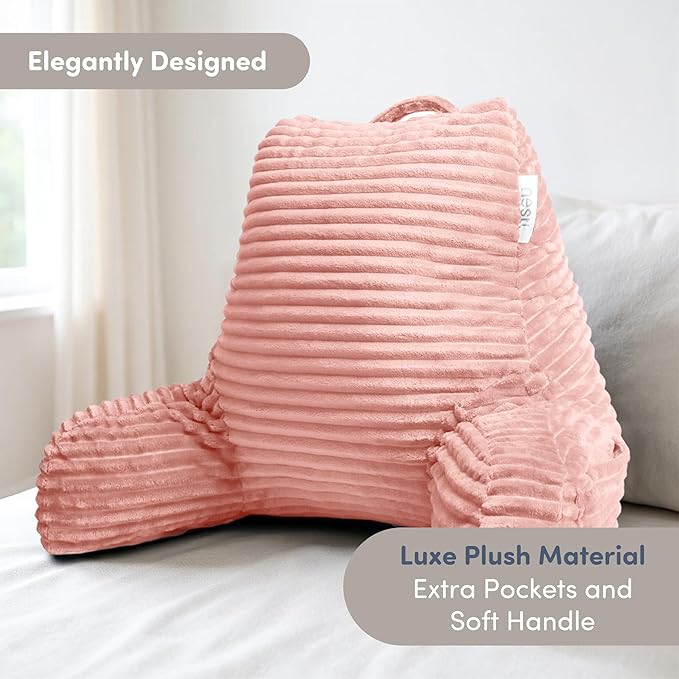 Nestl Reading Pillow with Shredded Memory Foam, Luxe Cut Plush Back Pillow for Sitting Up in Bed, Back and Arms Adjustable Support for Adult & Teens, Backrest Pillows with Washable Cover Peach Beige