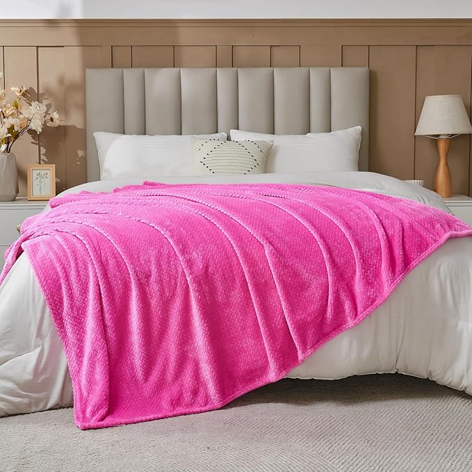 NEWCOSPLAY Super Soft King Blanket Hot Pink Premium Silky Flannel Fleece Leaves Pattern Lightweight Bed Blanket All Season Use (Hot Pink, King(90"x110"))