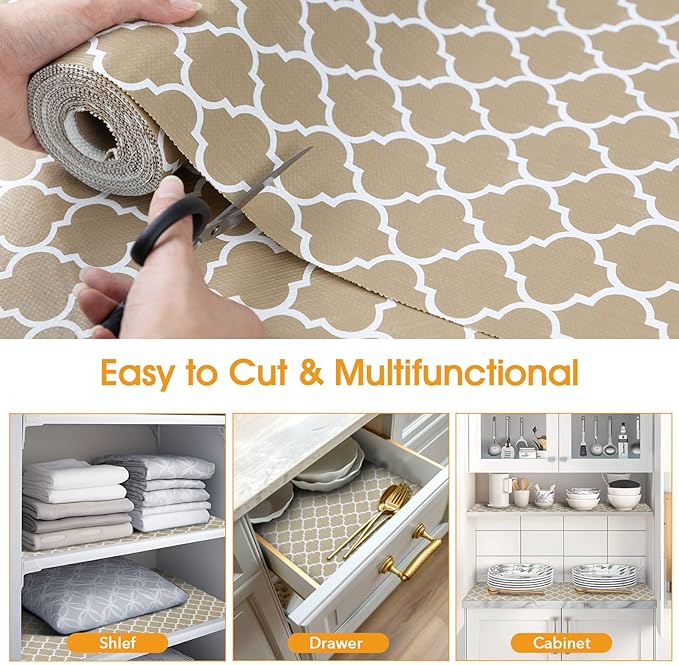 Shelf and Drawer Liner for Kitchen Cabinets Non-Adhesive, Strong Grip Non-Slip Thickened Cabinet Liners for Shelves, Waterproof Mats for Dresser Cupboard, Beige, 17 in x 20 Feet