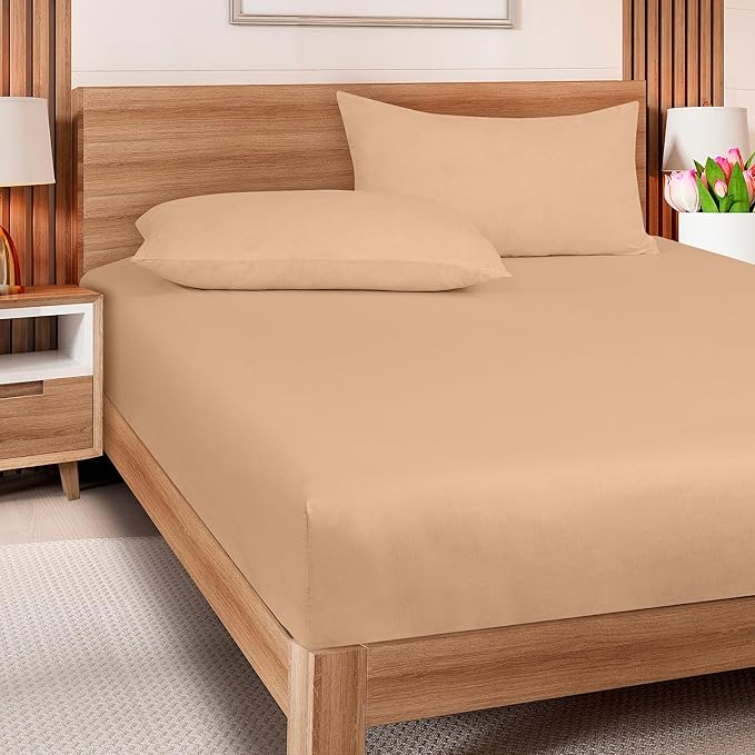 ROYALE LINENS 300 Thread Count 100% Long Staple Combed Cotton Fitted Sheet Full - Super Soft Deep Pocket Bottom Sheet - Fitted Sheets Only - Elastic Sheets (Full, Sand)