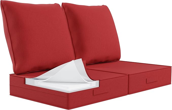 Outdoor Olefin Water-Resistant Deep Seat Cushion Set, 2PCS Weather and Fade Resistant 24''x 24''x 6'' Patio Furniture Seat Cushion, Thickened Sofa Chair Pad for Lawn, Garden, Red