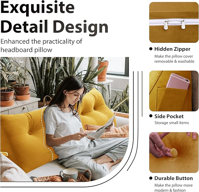 Bed Wedge Headboard Pillow - College Dorm Reading Pillow Back Support While Sitting in Bed - Ergonomic Lumbar Pillow Body Positioning Bed Pillow - Velvet Golden Yellow 54IN