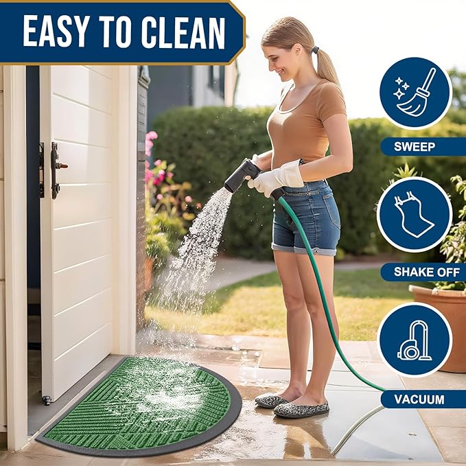 Smiry Half Circle Front Door Mat Outside Entrance, Heavy Duty Sturdy Natural Rubber Doormat, Trap Dirt and Moisture, Low Profile Mats for Indoor Outdoor Entry, Irregular Triangle (29.5x17, Green)
