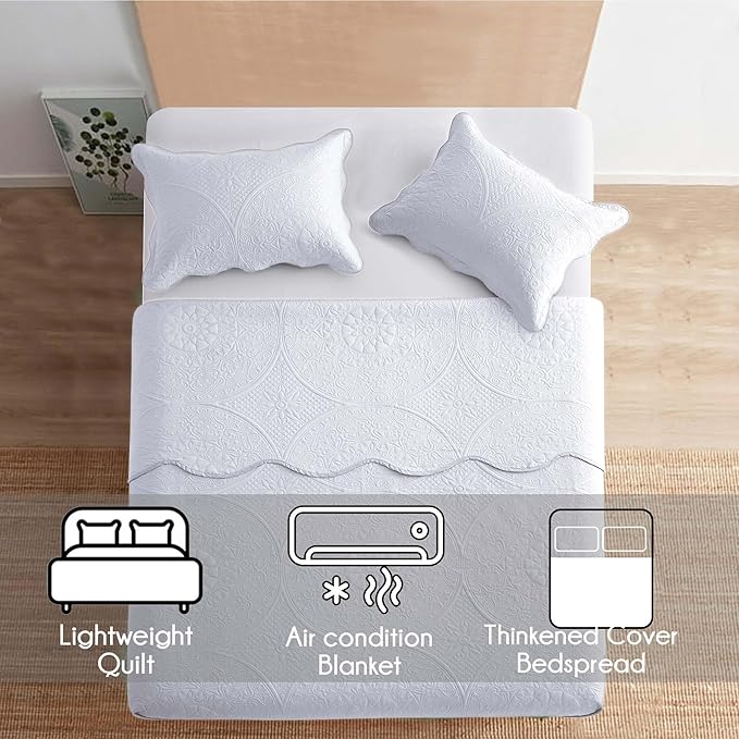 IR Imperial Rooms Twin Quilt Bedding Set Size (68” x 86”) + 1 Pillow Shams (20” x 26” + 2”) - 2 Pcs All Season Lightweight Reversible Microfiber Coverlet Floral Embossed Quilt Bedspread (White)