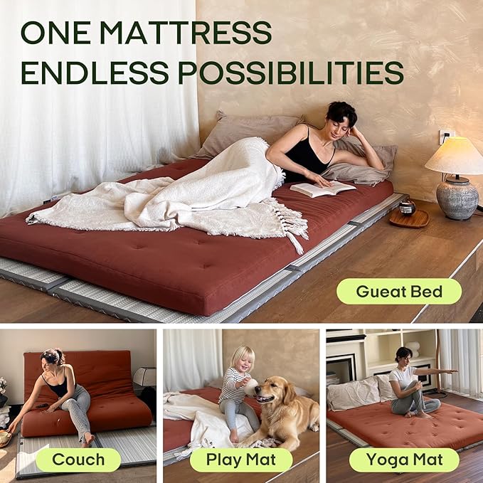 ZonLi Japanese Floor Futon Mattress Twin Size 75"x 39", 100% Cotton Cover 4'' Thicken Tatami Mattress, Foldable Sleeping Pad, Portable Dormitory Tatami Mat, Roll Up Floor Lounger Bed for Adult