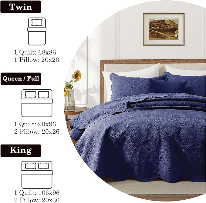 IR Imperial Rooms King Quilt Bedding Set Size (106" x 96") + 2 Pillow Shams (20" x 36"+ 2") - 3 Pcs All Season Lightweight Reversible Microfiber Coverlet Floral Embossed Quilt Bedspread (Blue)