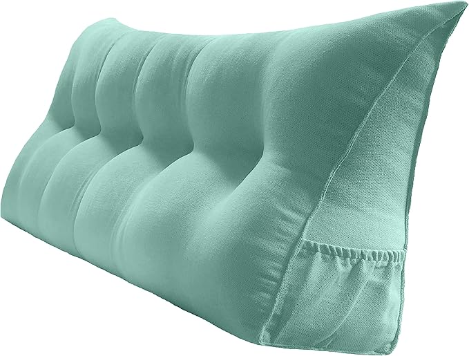 Triangular Reading Bed Rest Pillow Large Bolster Cushion Headboard Backrest Wedge Pillow with Removable Cover and Two Large Side Pockets (Turquoise, Queen: 59 x 8 x 20 inches)