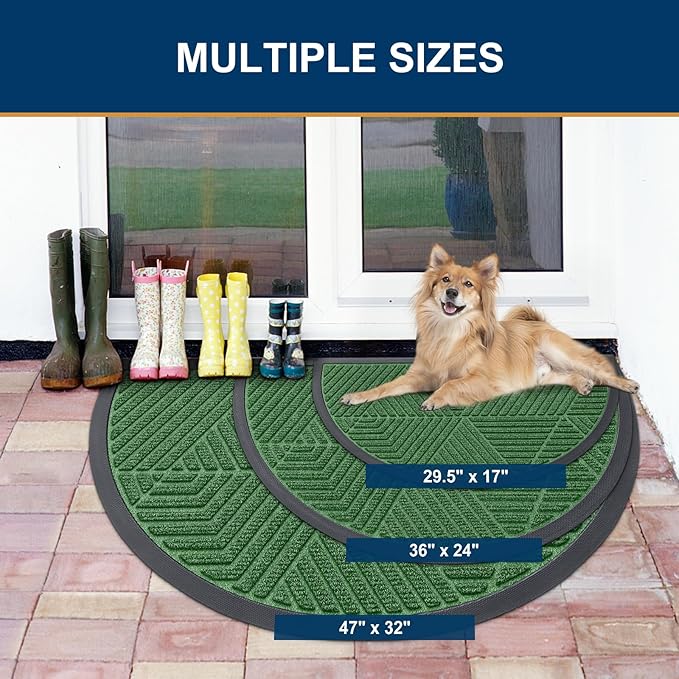 Smiry Half Circle Front Door Mat Outside Entrance, Heavy Duty Sturdy Natural Rubber Doormat, Trap Dirt and Moisture, Low Profile Mats for Indoor Outdoor Entry, Irregular Triangle (29.5x17, Green)