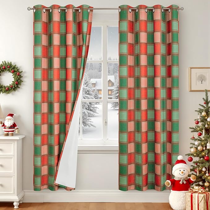 Christmas Curtains for Living Room - Plaid Linen Blackout Curtains Checkered Patterned, Thermal Insulated Gingham Striped Window Drapes for Bedroom Winter 52x72 Inch 2 Panels, Red Green