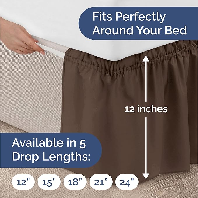 Wrap Around Dust Ruffle Bed Skirt - Brown - Twin/Twin XL Size Beds with 12 Inch Drop - Easy Fit Elastic Strap - Adjustable Pleated Bedskirt w/Brushed Fabric - Wrinkle Free - Women, Men, Kids & Teens