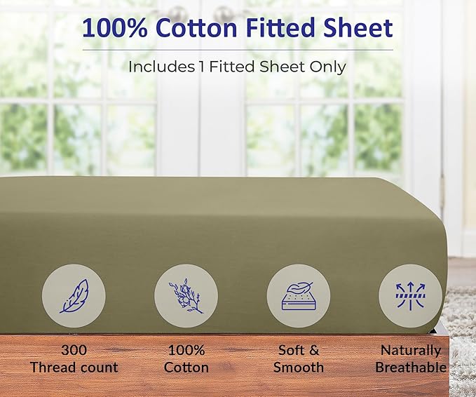 ROYALE LINENS 300 Thread Count 100% Long Staple Combed Cotton Fitted Sheet Twin - Super Soft Deep Pocket Bottom Sheet - Fitted Sheets Only - Elastic Sheets (Twin, Sage Green)