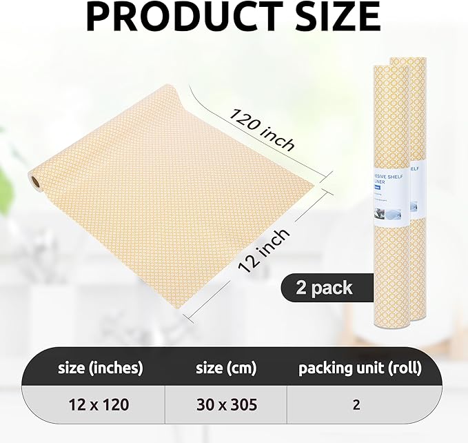 RAY STAR 12X120 Inch Shelf Liner for Kitchen Cabinets, Non-Adhesive Cabinet Liner Washable, PVC Drawer Liner for Dresser Non-Slip Bathroom (Yellow Circle)(2 Roll)