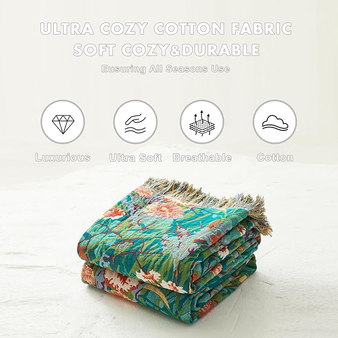 MSGKV Boho Throw Blanket 60"x80" Floral Blankets for Bed 100% Cotton Twin Size Couch Blanket Lightweight Farmhouse Muslin Breathable Home Decor All Seasons