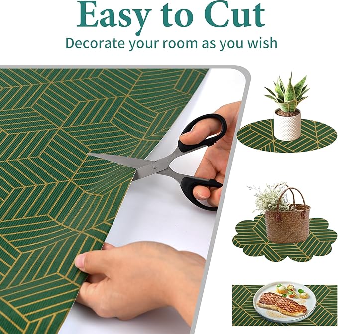 Shelf Liners for Kitchen Cabinets 12in x 30FT, Non Adhesive Cabinet Liner Strong Non-Slip Thickened Gold Green Geometric Drawer Liner, Easy to Clean for Shelf, Cabinet with Knife and Tape Measure