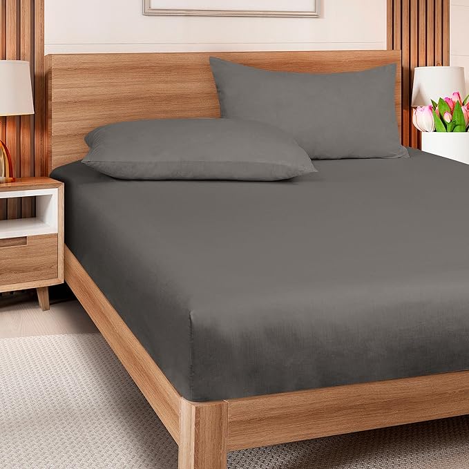 ROYALE LINENS 300 Thread Count 100% Long Staple Combed Cotton Fitted Sheet Full - Super Soft Deep Pocket Bottom Sheet - Fitted Sheets Only - Elastic Sheets (Full, Grey)