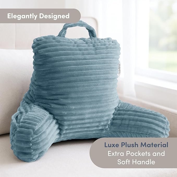 Nestl Reading Pillow for Kids & Teens with Shredded Memory Foam, Luxe Cut Plush Backrest Pillows for Reading and Gaming, For use on Couch, Bed, Floor, Adjustable Support with Washable Cover Stone Blue