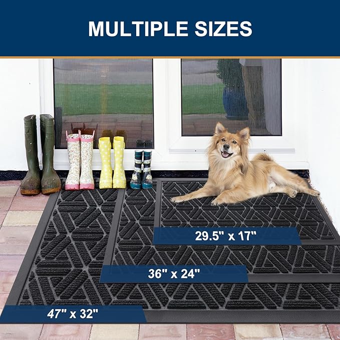 Smiry Front Door Mat Outside Entrance, Heavy Duty Sturdy Natural Rubber Doormat, Trap Dirt and Moisture, Easy Clean Low Profile Mats for Indoor Outdoor Entry, Grid Geometric (29.5x17, Black)