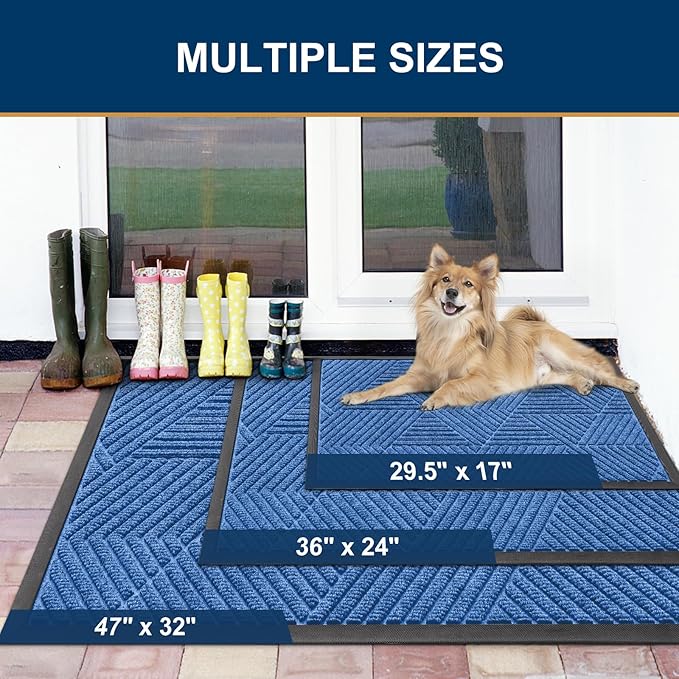 Smiry Front Door Mat Outside Entrance, Heavy Duty Sturdy Natural Rubber Doormat, Trap Dirt and Moisture, Easy Clean Low Profile Mats for Indoor Outdoor Entry, Irregular Triangle (47x32, Blue)
