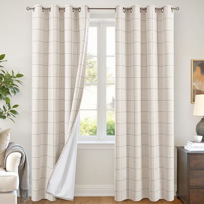 Grey Linen Blackout Curtains for Living Room - Boho Plaid Pattern Thermal Insulated Grommet Cottage Core Window Treatments Rustic Drapes for Farmhouse, 52x84 Inch 2 Panels
