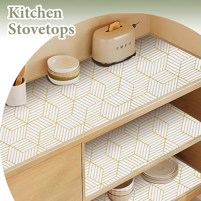 Shelf Liners for Kitchen Cabinets 12in x 20FT, Non Adhesive Cabinet Liner Strong Non-Slip Thickened Gold Geometric Drawer Liner, Easy to Clean for Shelf, Cabinet with Knife and Tape Measure