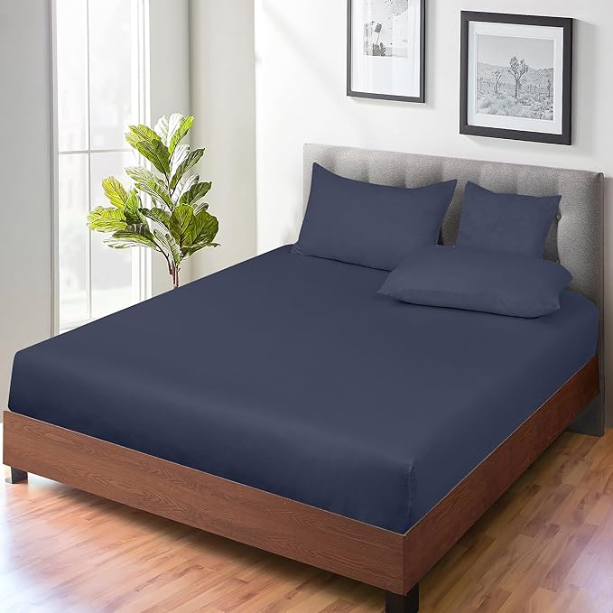 ROYALE LINENS 300 Thread Count 100% Long Staple Combed Cotton Fitted Sheet Twin XL - Super Soft Deep Pocket Bottom Sheet - Fitted Sheets Only - Elastic Sheets (Twin XL, Navy)