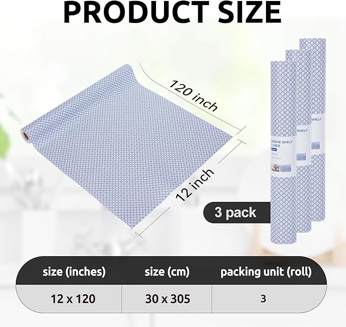 RAY STAR 12X120 Inch Shelf Liner for Kitchen Cabinets, Non-Adhesive Cabinet Liner Washable, PVC Drawer Liner for Dresser Non-Slip Bathroom (Blue Circle)(3 Roll)