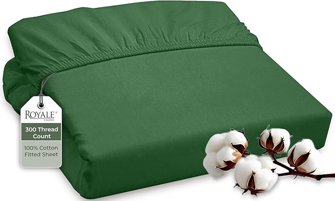 ROYALE LINENS 300 Thread Count 100% Long Staple Combed Cotton Fitted Sheet California King - Super Soft Deep Pocket Bottom Sheet - Fitted Sheets Only - Elastic Sheets (Cal King, Hunter Green)