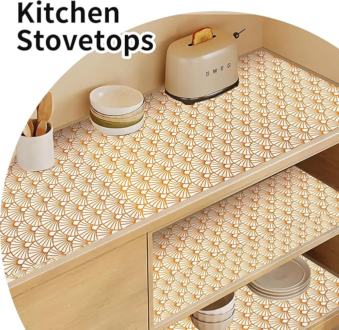 3D Drawer and Shelf Liner for Kitchen Cabinet: 12 in X 30 Ft Waterproof Shelf Paper Non Adhesive Refrigerator Liners Golden Ginkgo Leaf Easy Liners for Bathroom with Knife Tape Measure