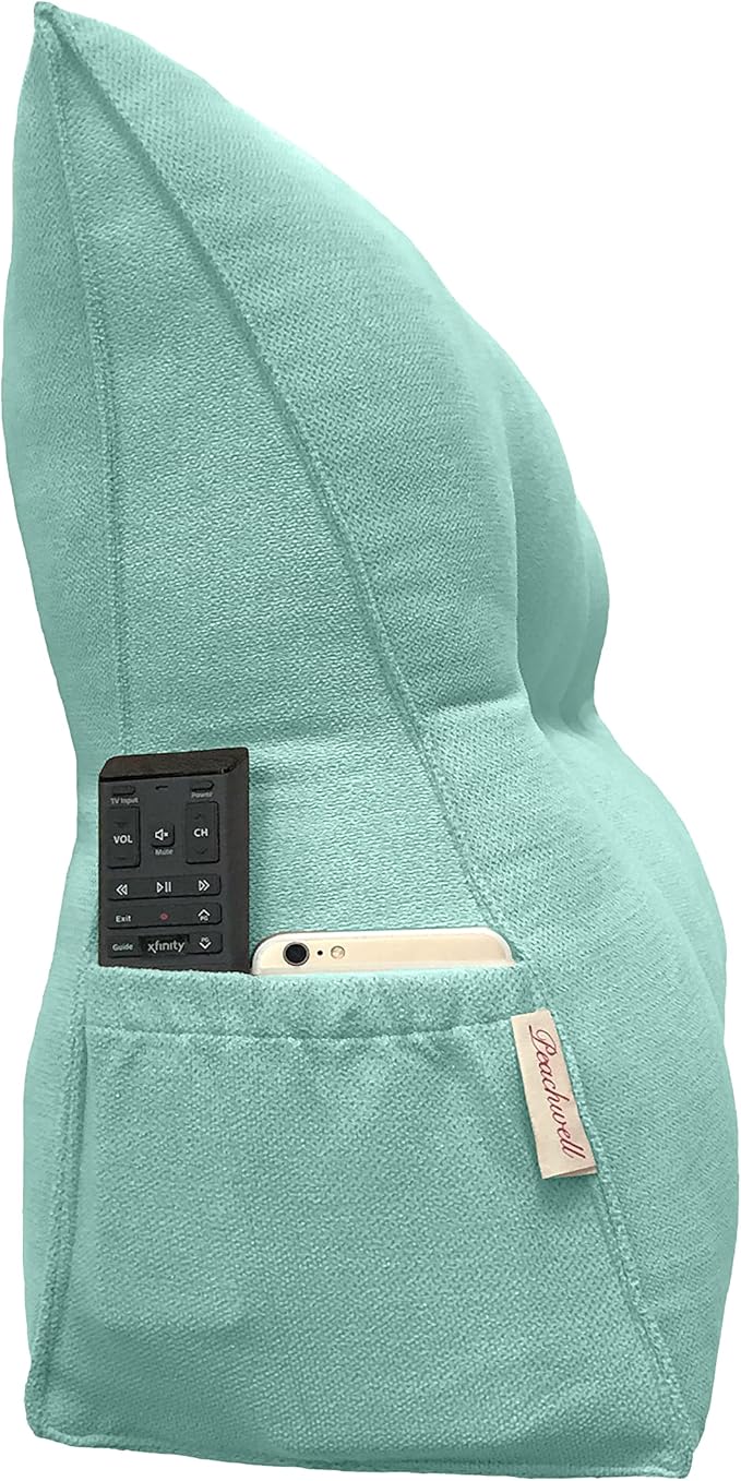 Triangular Reading Bed Rest Pillow Large Bolster Cushion Headboard Backrest Wedge Pillow with Removable Cover and Two Large Side Pockets (Turquoise, Twin: 39 x 8 x 20 inches)
