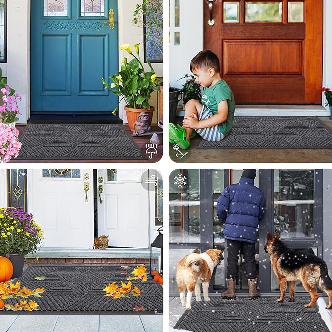 Smiry Front Door Mat Outside Entrance, Heavy Duty Sturdy Natural Rubber Doormat, Trap Dirt and Moisture, Easy Clean Low Profile Mats for Indoor Outdoor Entry, Irregular Triangle (47x32, Light Grey)