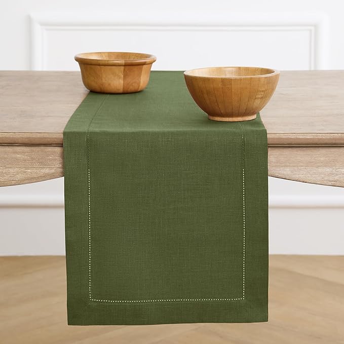 Solino Home Linen Table Runner 60 Inches - 100% Pure Linen Olive Hemstitch Table Runner 14 x 60 Inch Ideal for Dresser and Coffee Tables - Classic Hemstitch - Christmas, New Year