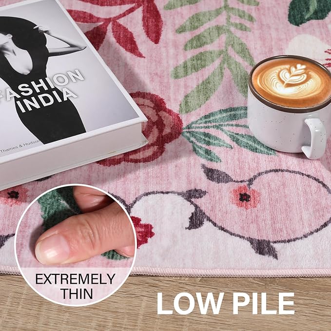 DUKINO 2x5 Runner Rug for Hallway, Washable Kitchen Floral Runner Rug with Non Slip Backing, Low Pile Soft Boho Carpet for Kitchen, Hallway, Entryway, Laundry, Bedroom, Pink