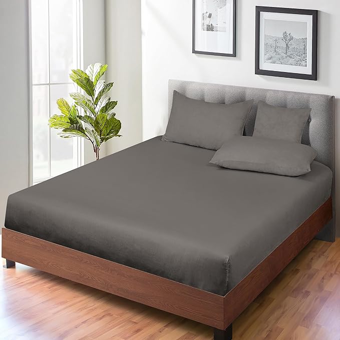 ROYALE LINENS 300 Thread Count 100% Long Staple Combed Cotton Fitted Sheet Twin - Super Soft Deep Pocket Bottom Sheet - Fitted Sheets Only - Elastic Sheets (Twin, Grey)