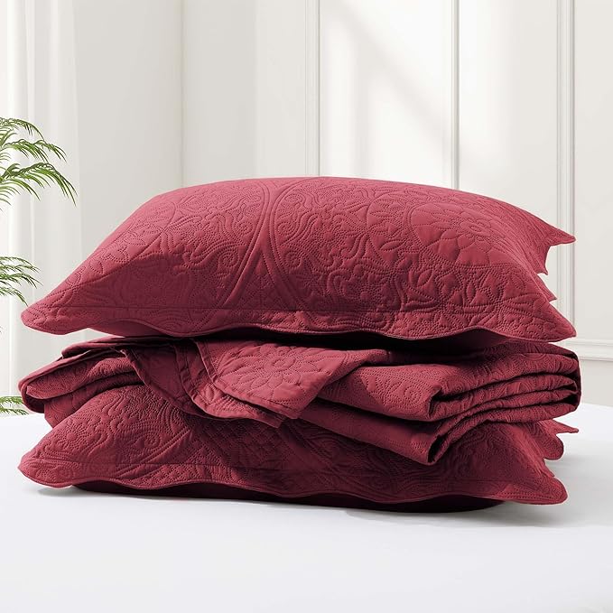 IR Imperial Rooms Twin Quilt Bedding Set Size (68” x 86”) + 1 Pillow Shams (20” x 26” + 2”) - 2 Pcs All Season Lightweight Reversible Microfiber Coverlet Floral Embossed Quilt Bedspread (Burgundy)