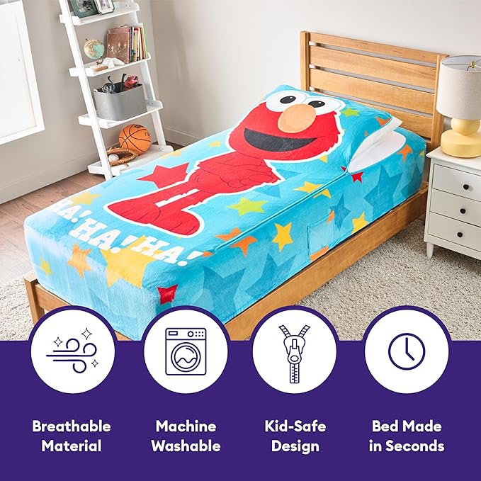 ZippySack Twin Bed Zip-Up Bedding – Super Soft Fleece Fitted Blanket with Side Pocket & Durable Zipper – Easy Bed-Making for Kids (Sesame Street Elmo)