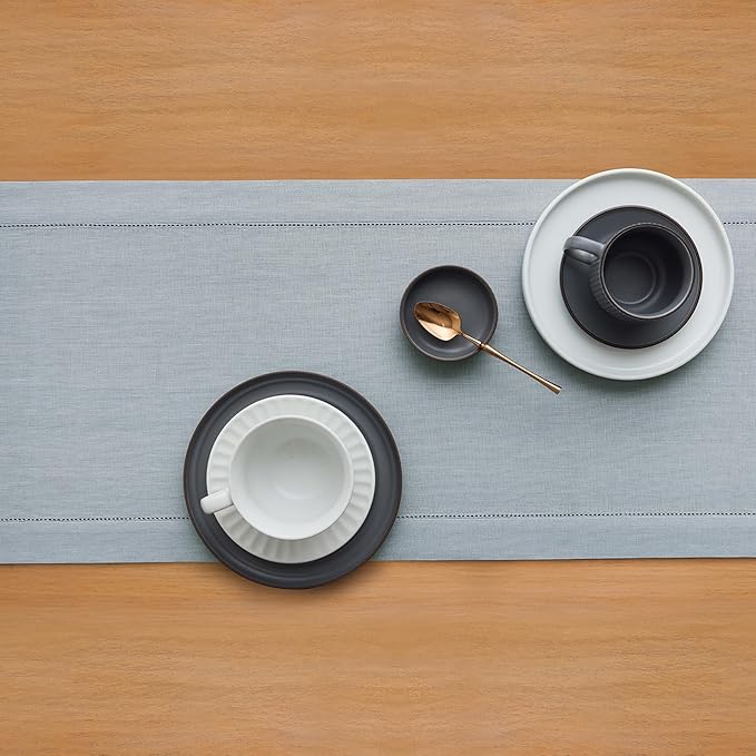 Solino Home Linen Dusty Blue Table Runner 48 Inches - Classic Hemstitch, 100% Pure Linen Coffee Table Runner 14 x 48 Inch Ideal for Dresser Tables