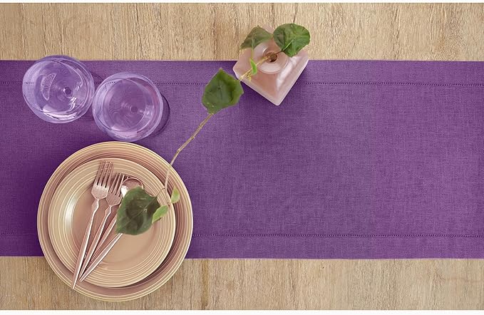 Solino Home Linen Purple Table Runner 108 Inches Long - 100% Pure Linen Hemstitch 14 x 108 Inch Table Runner for Dining, Holiday, Christmas, New Year - Classic Hemstitch