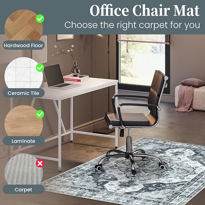 Office Chair Mat for Hardwood Floor&Tile Floor,36"X 48" Heavy Duty Desk Chair Mat for Hard Floors,Under Desk Rug for Rolling Computer Chair,Anti Slip,Low Pile Carpet Floor-Grey Flower