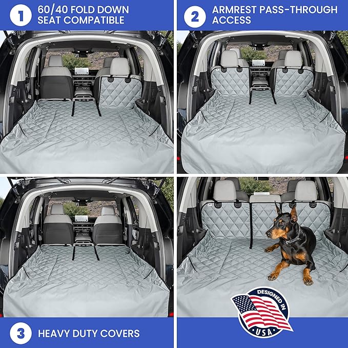 4Knines Split Cargo Liner for SUV – for Dogs & Pets, Heavy-Duty, Waterproof Trunk Mat & Cargo Cover – Fits 60/40 Split Bench & Armrest Pass-Through – Machine Washable, Non-Slip, Durable (Small, Grey)
