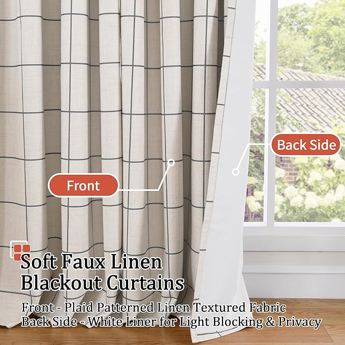 Linen Blackout Curtains for Bedroom - Boho Plaid Curtains Thermal Insulated, Pattern Printed Cottage Rustic Drapes Window Treatments for Farmhouse, 52x63 Inch 2 Panels, Dark Grey