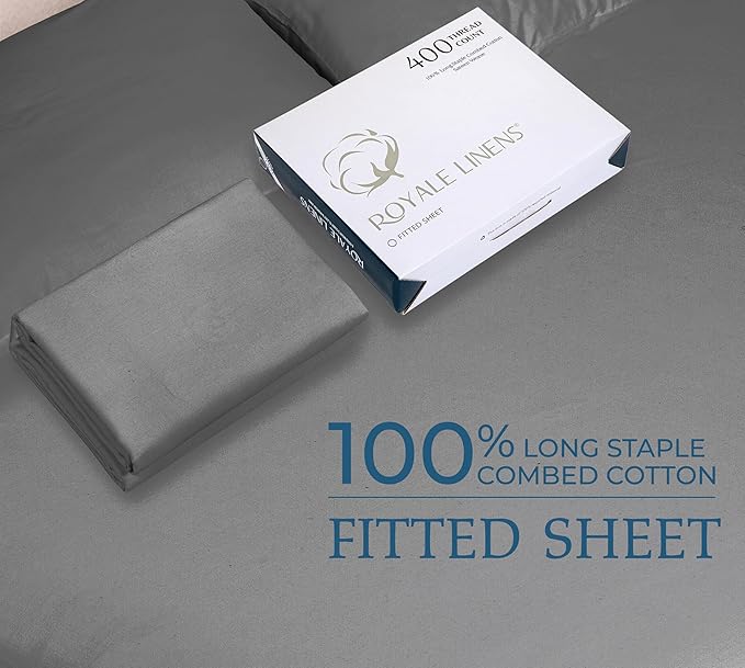 ROYALE LINENS 400 Thread Count 100% American Grown Cotton Fitted Sheet Queen Size - All Around Elastic Fitted Sheet - Luxury Sateen Weave - Snug Fit Bottom Sheets Fit Up to 16" (Queen,Spanish Slate)