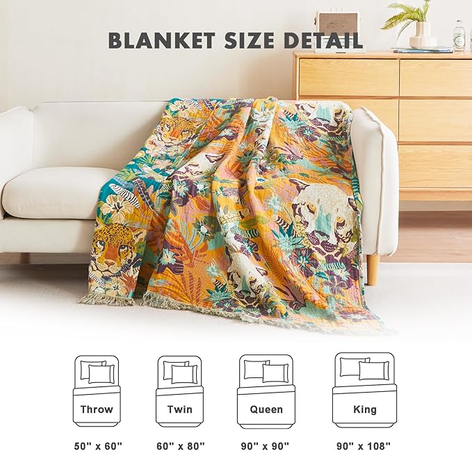 MSGKV Throw Blanket for Couch Bed Cotton Leopard Animals Twin Size Blanket 60"x80" Muslin Breathable All Seasons Lightweight Farmhouse Blankets